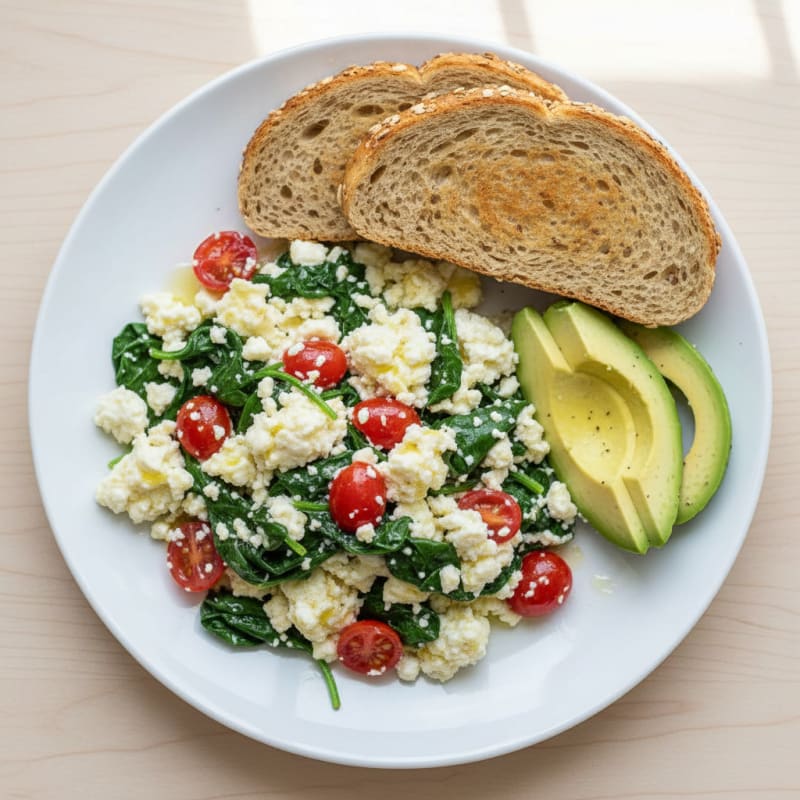 Cottage Cheese and Egg White Scramble with Sautéed Spinach and Tomatoes