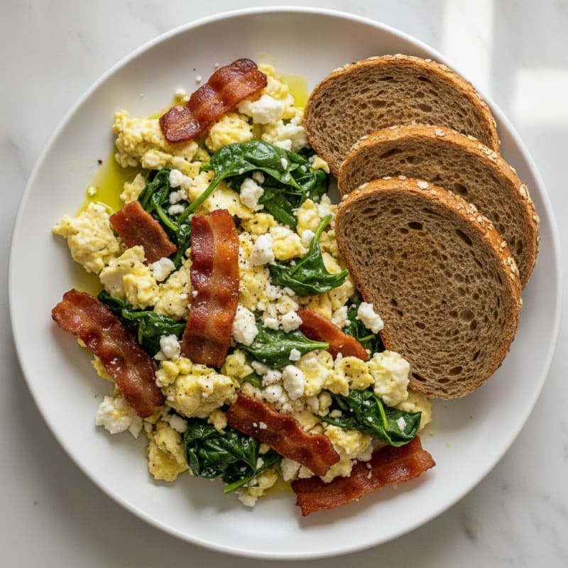 Crispy Turkey Bacon Egg White Scramble with Spinach and Feta