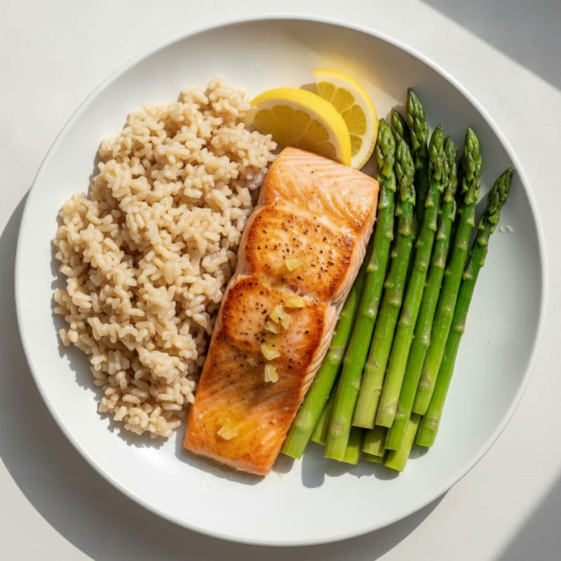 Seared Salmon with Steamed Asparagus and Brown Rice
