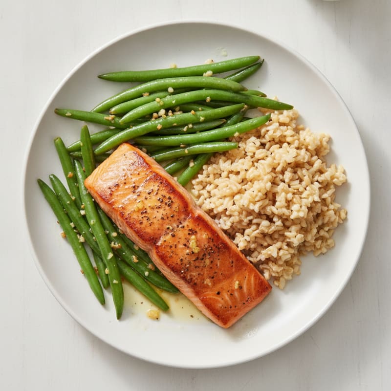 Seared Salmon with Garlic Green Beans and Brown Rice