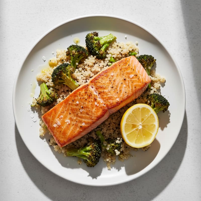 Seared Salmon with Roasted Broccoli and Quinoa