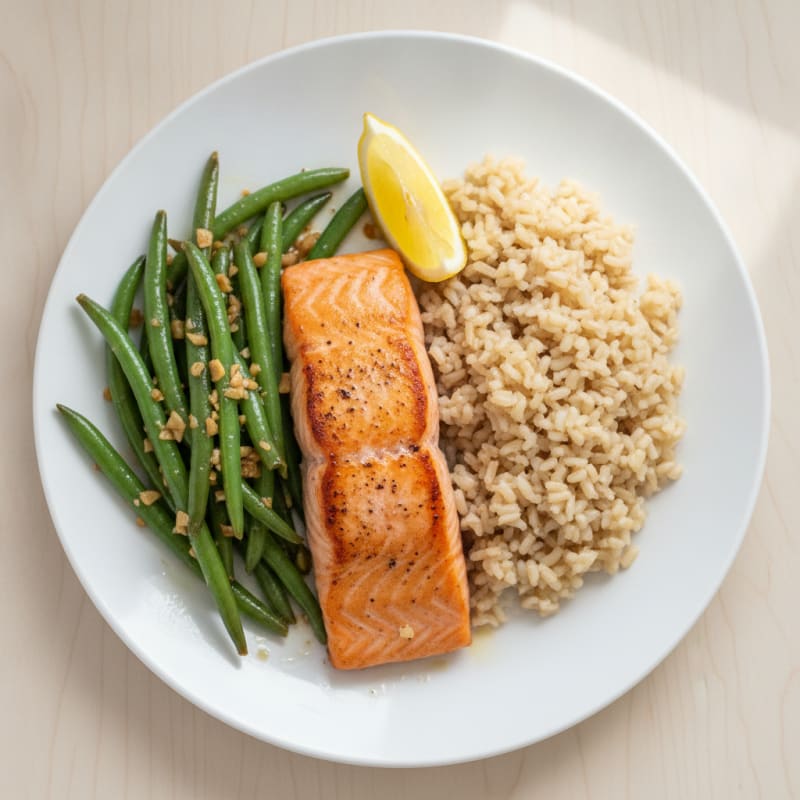 Seared Salmon with Garlic Green Beans and Brown Rice
