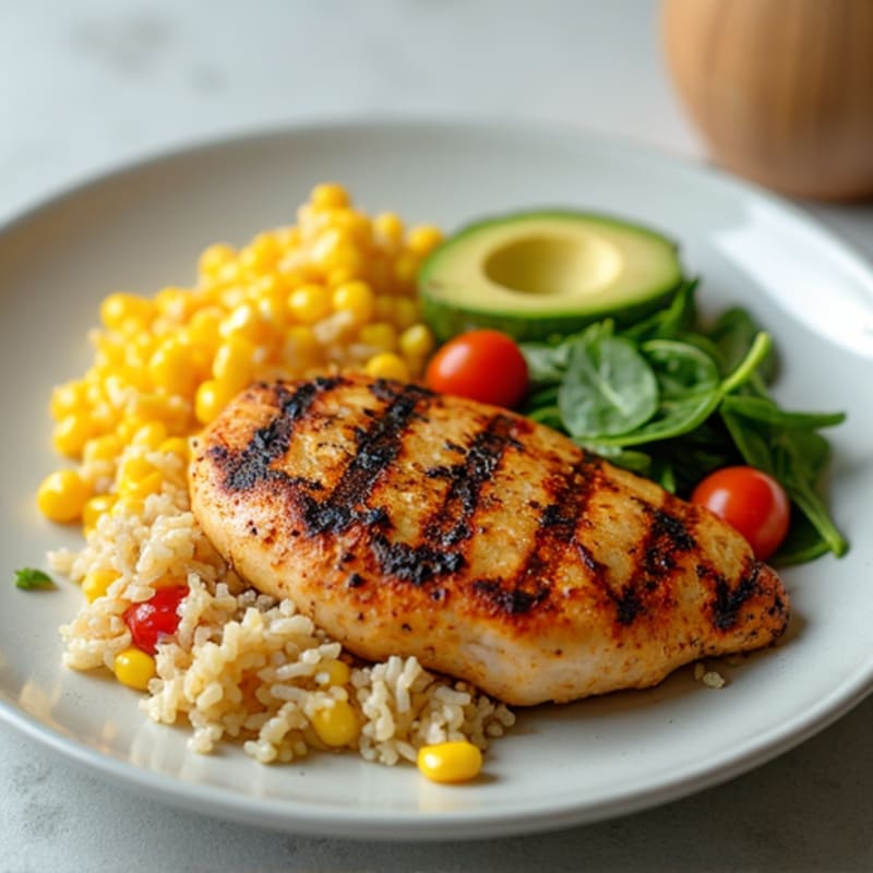 Grilled Chicken with Corn Rice, Scrambled Veggie Eggs, Avocado and Fresh Chili