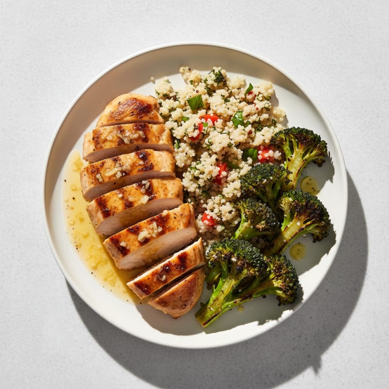 Grilled Lemon-Garlic Chicken Breast with Quinoa and Roasted Broccoli