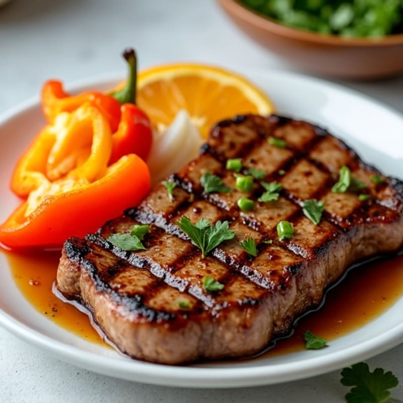 Grilled Citrus-Marinated Steak with Roasted Bell Peppers and Onions