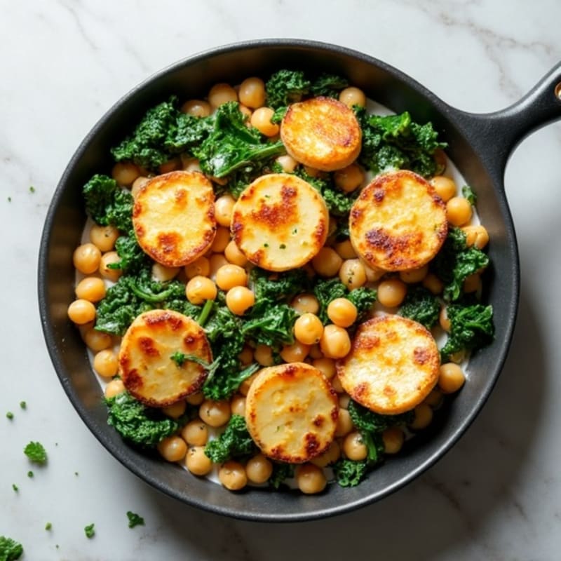 Creamy Chickpea and Spinach Skillet with Grilled Halloumi