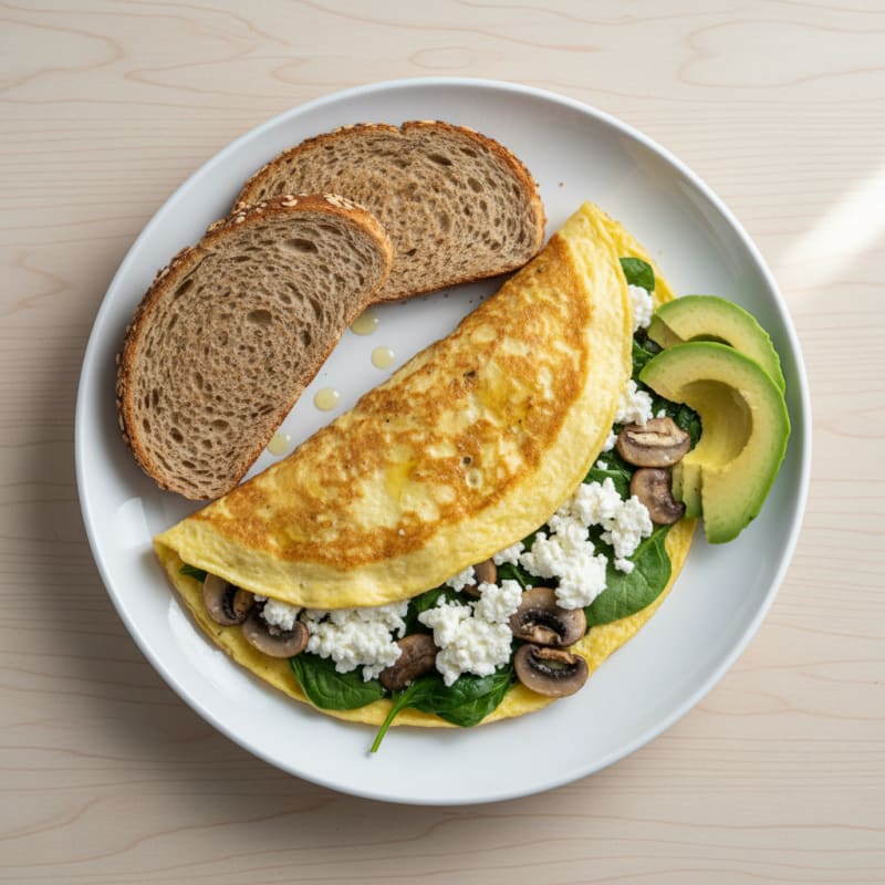 Egg White Spinach Omelette with Cottage Cheese and Sautéed Mushrooms