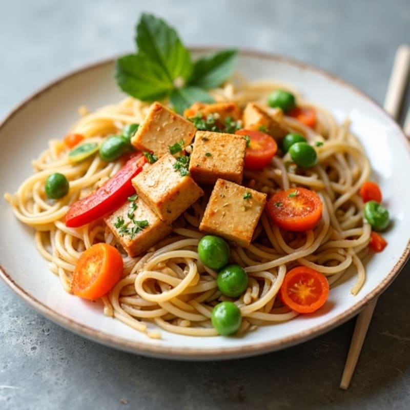 Creamy Thai Peanut Noodles with Crispy Tofu and Fresh Vegetables