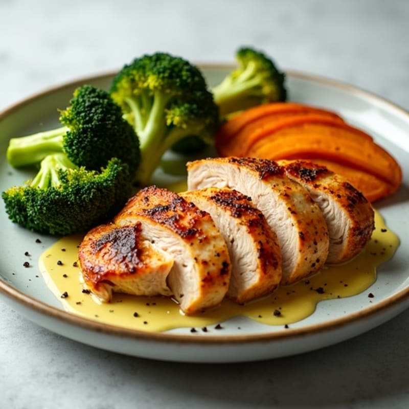 Tender Rotisserie Chicken with Crispy Roasted Broccoli and Sweet Potato