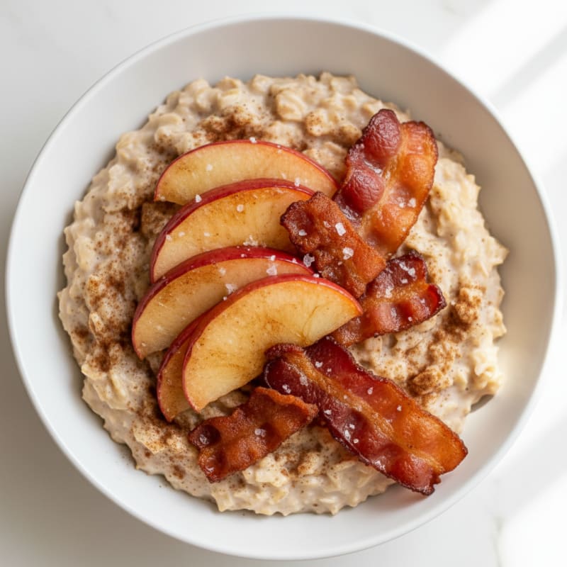Apple Cinnamon Protein Oats with Crispy Turkey Bacon