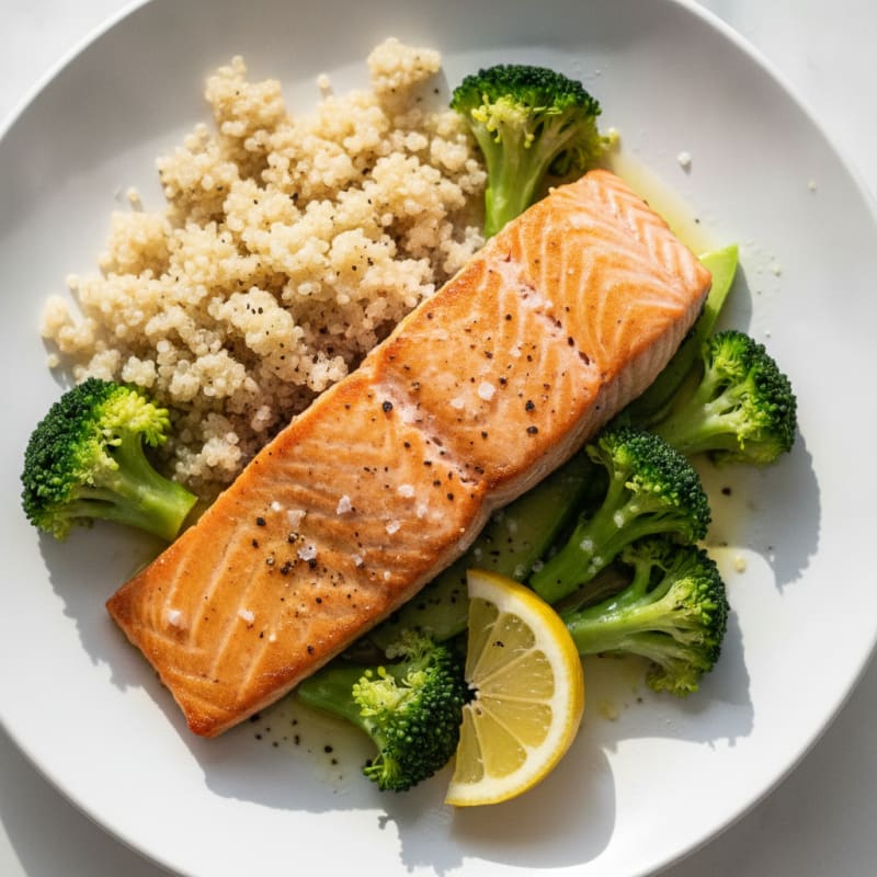 Seared Salmon with Steamed Broccoli and Quinoa