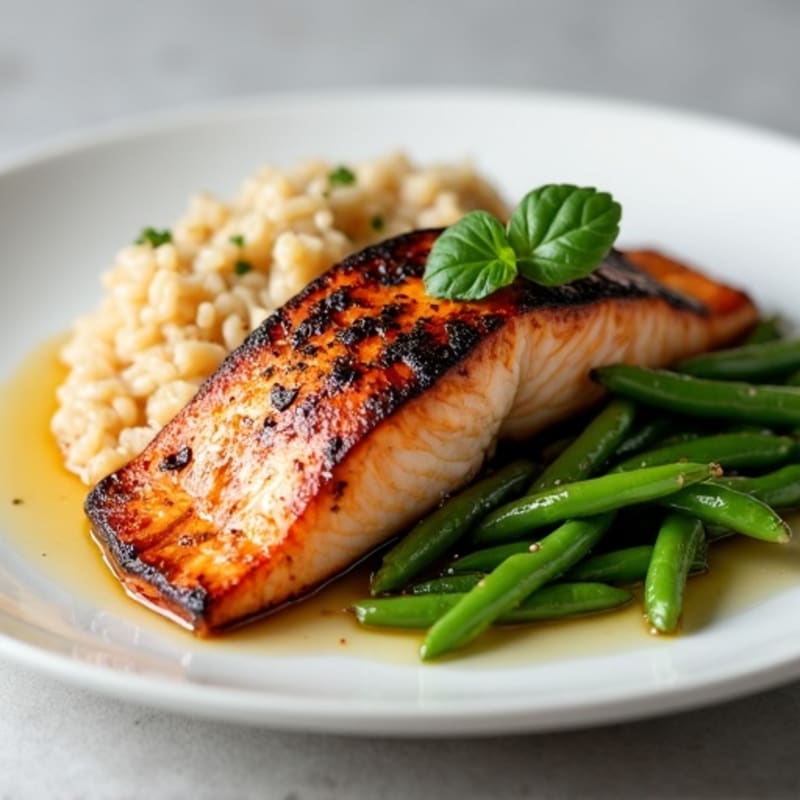 Seared Salmon Fillet with Garlic Green Beans and Brown Rice