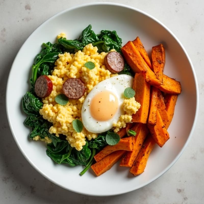 Egg White and Turkey Sausage Scramble with Spinach and Roasted Sweet Potato