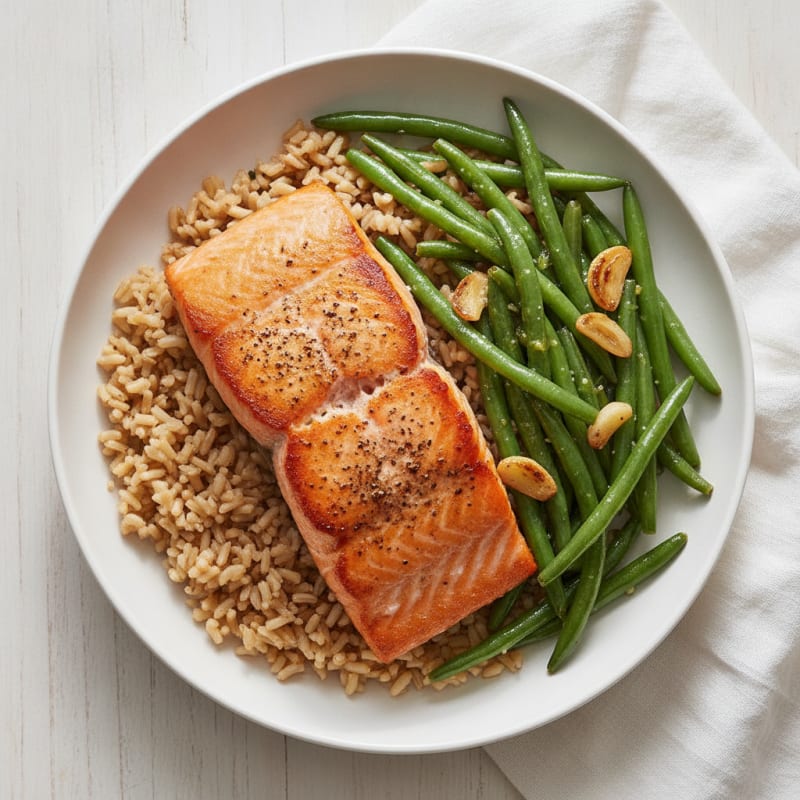 Seared Salmon with Garlic Green Beans and Steamed Brown Rice