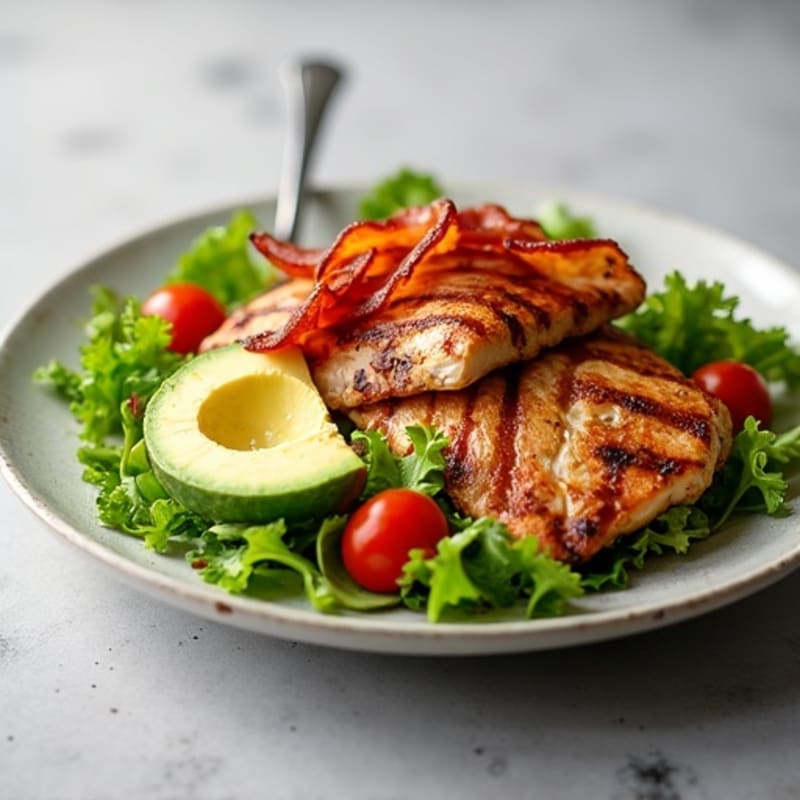 Grilled Chicken Salad with Crispy Bacon, Creamy Avocado, and Fresh Greens