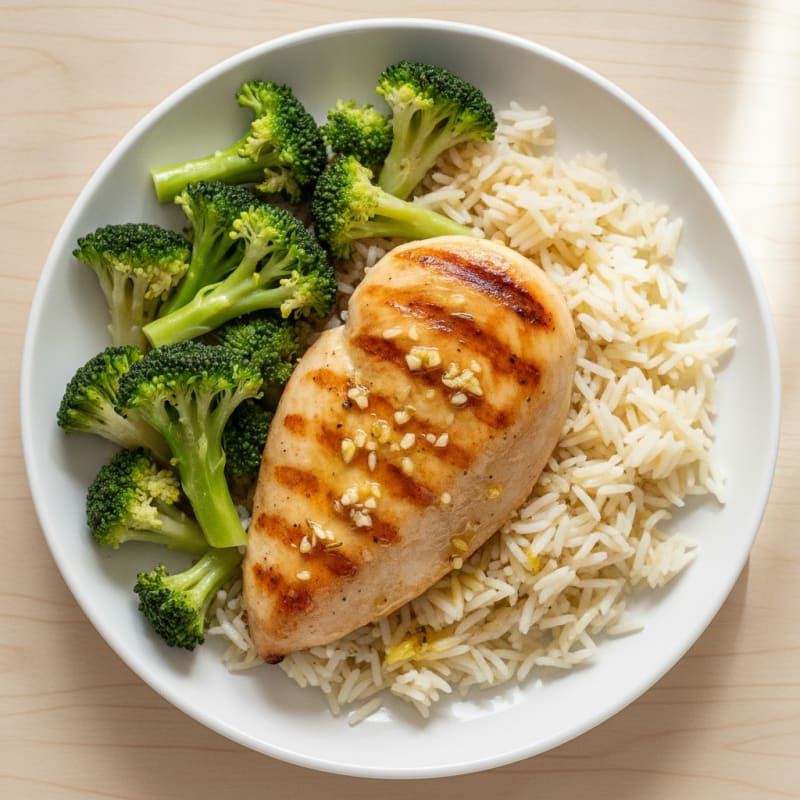 Grilled Chicken Breast with Basmati Rice and Steamed Broccoli