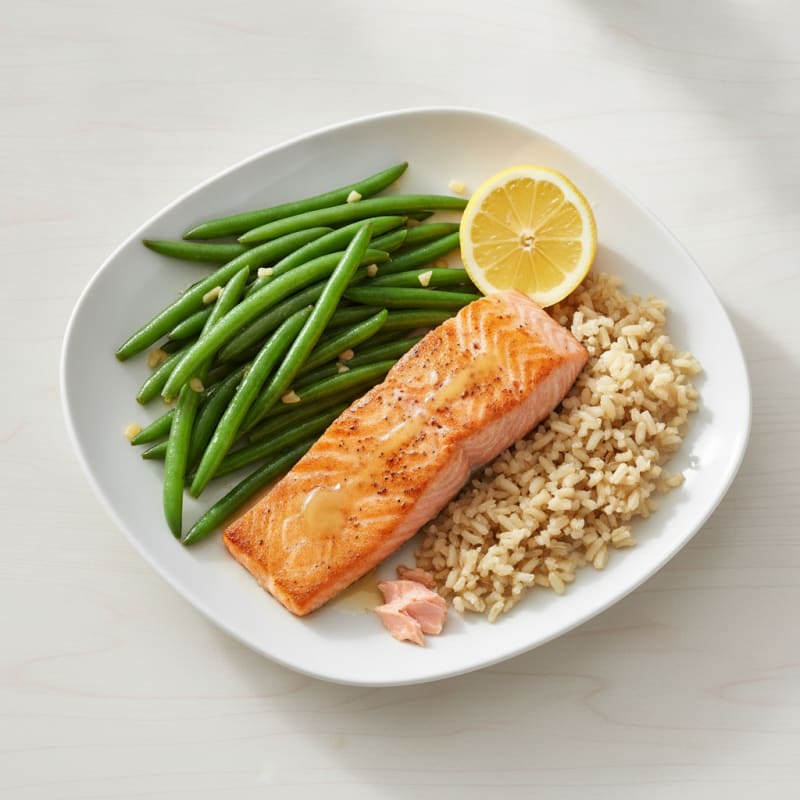 Seared Salmon with Garlic Green Beans and Brown Rice