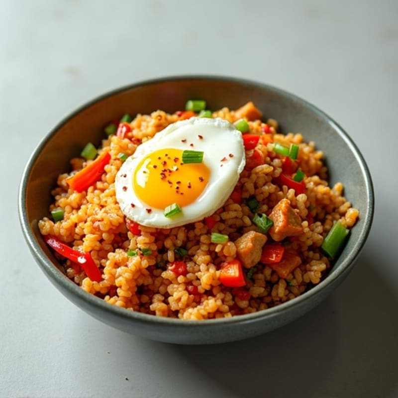 Spicy Kimchi Chicken Fried Rice with Fresh Vegetables