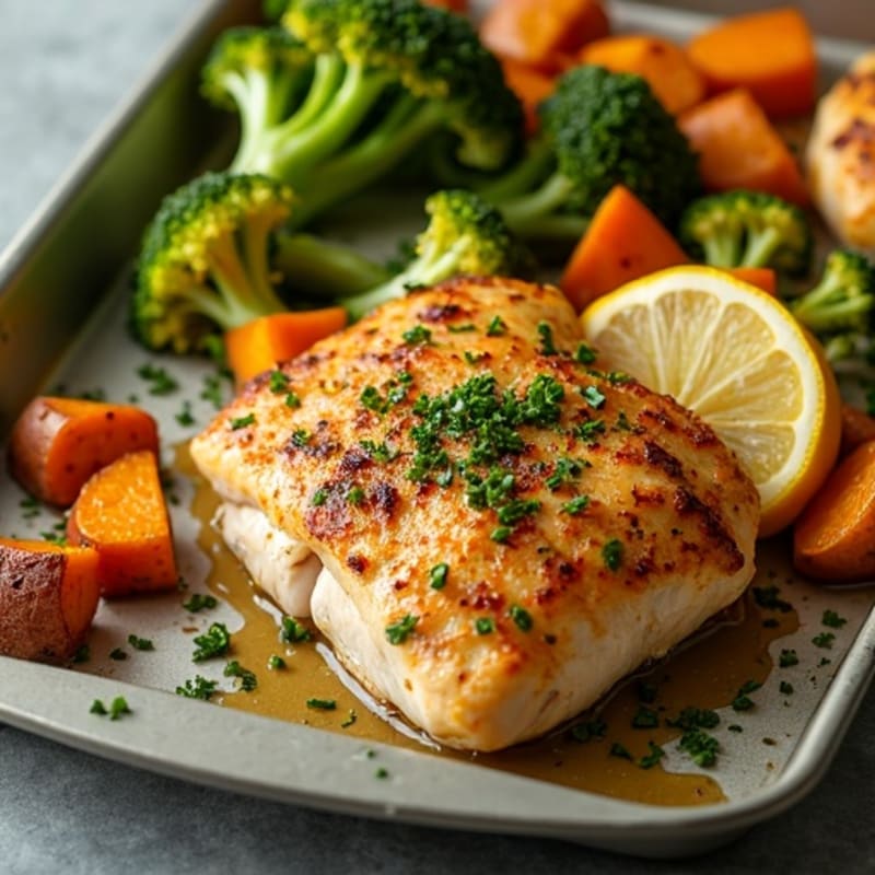 Sheet Pan Lemon Garlic Chicken with Crispy Roasted Broccoli and Sweet Potatoes