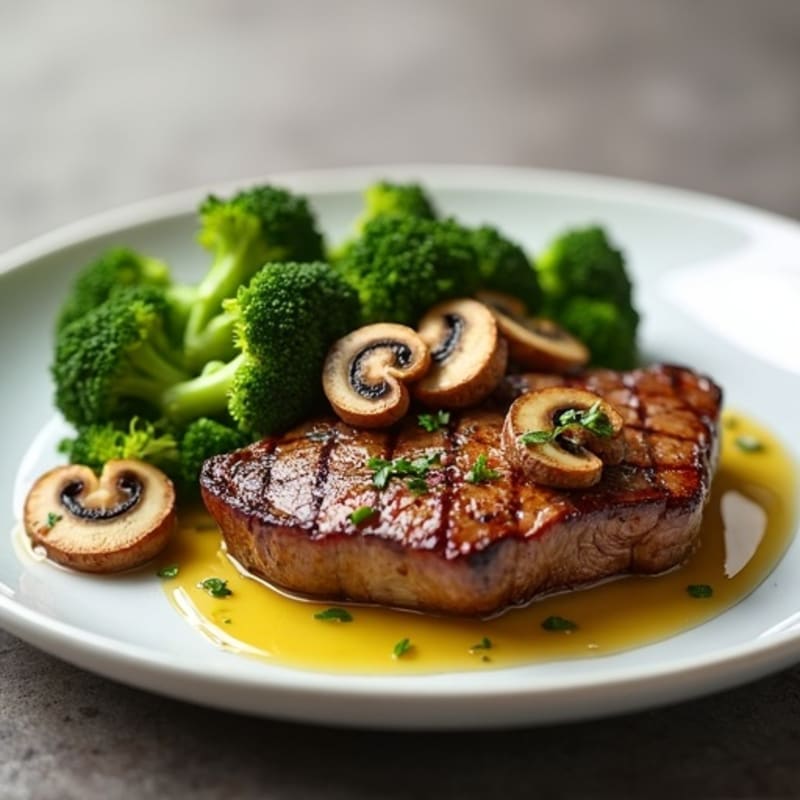 Seared Steak with Roasted Broccoli and Garlic Mushrooms