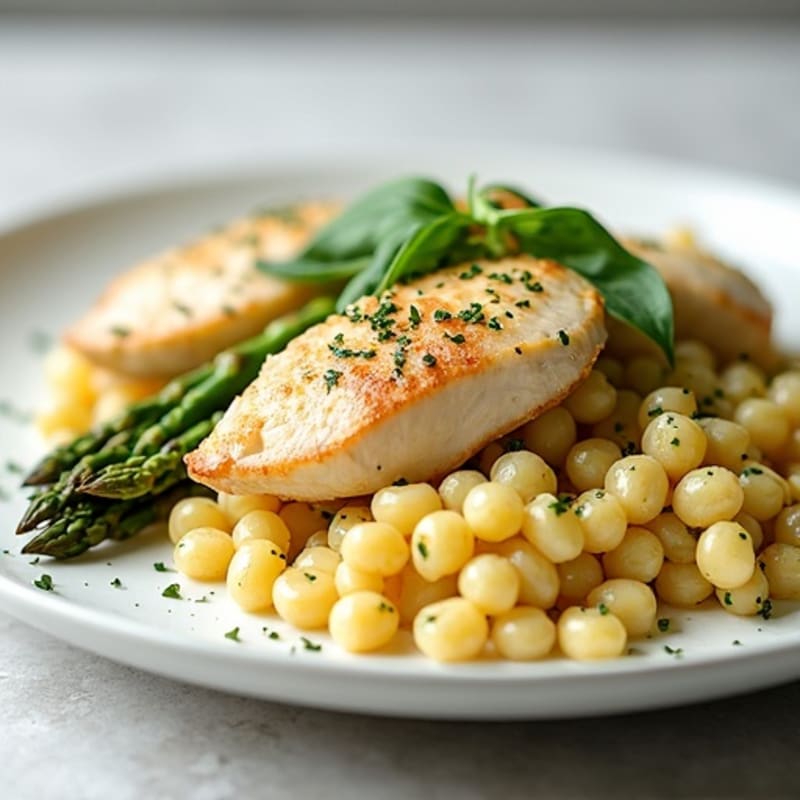 Chickpea Pasta with Creamy Lemon-Herb Chicken and Roasted Asparagus