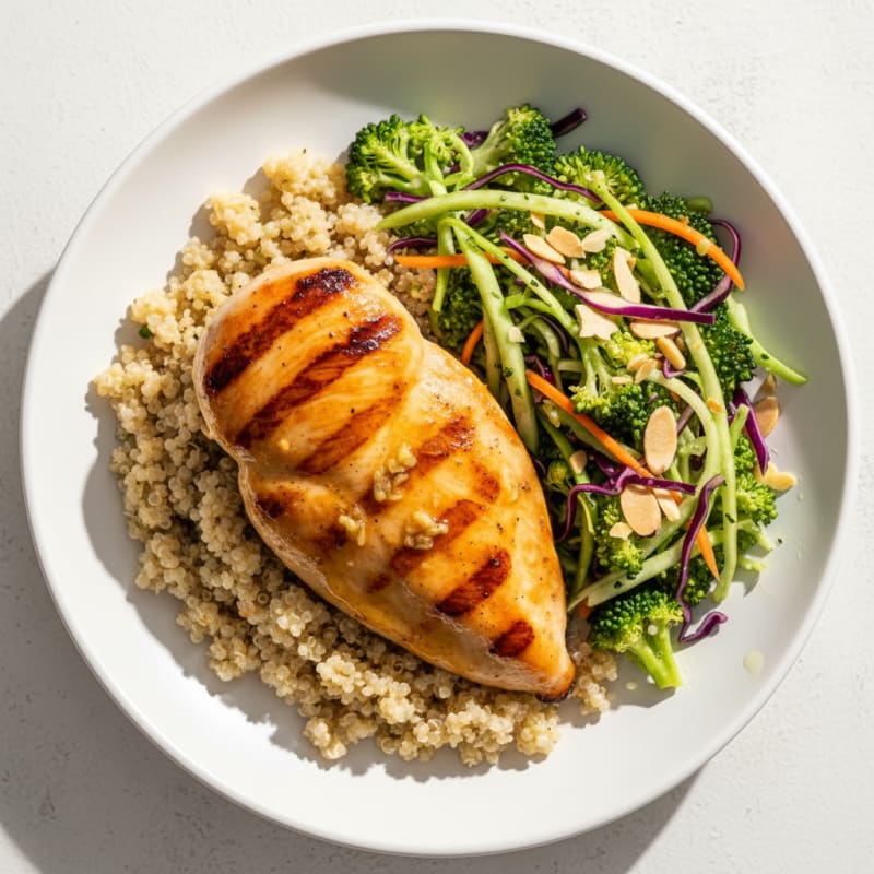 Grilled Chicken Breast with Quinoa and Crunchy Broccoli Slaw