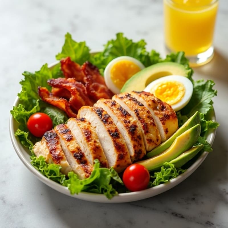 Hearty Grilled Chicken Salad with Crispy Bacon, Hard-Boiled Eggs, and Creamy Avocado