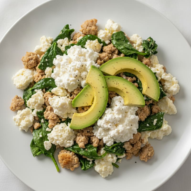 Egg White and Turkey Spinach Scramble with Cottage Cheese