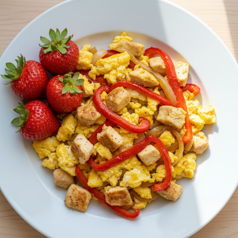 Scrambled Eggs with Diced Chicken and Roasted Bell Peppers