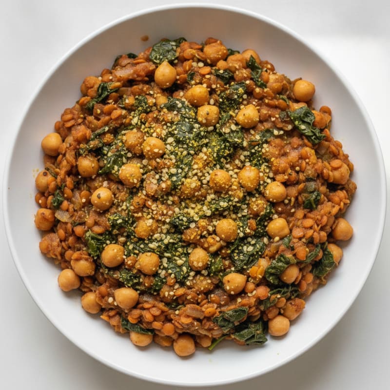 Lentil and Chickpea Stew with Sautéed Spinach and Hemp Seeds