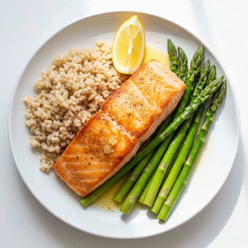 Seared Salmon with Steamed Asparagus and Brown Rice