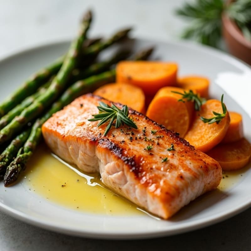 Seared Salmon Fillet with Roasted Sweet Potato and Asparagus