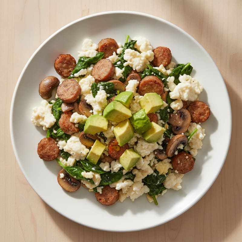 Egg White and Turkey Sausage Scramble with Sautéed Spinach and Mushrooms