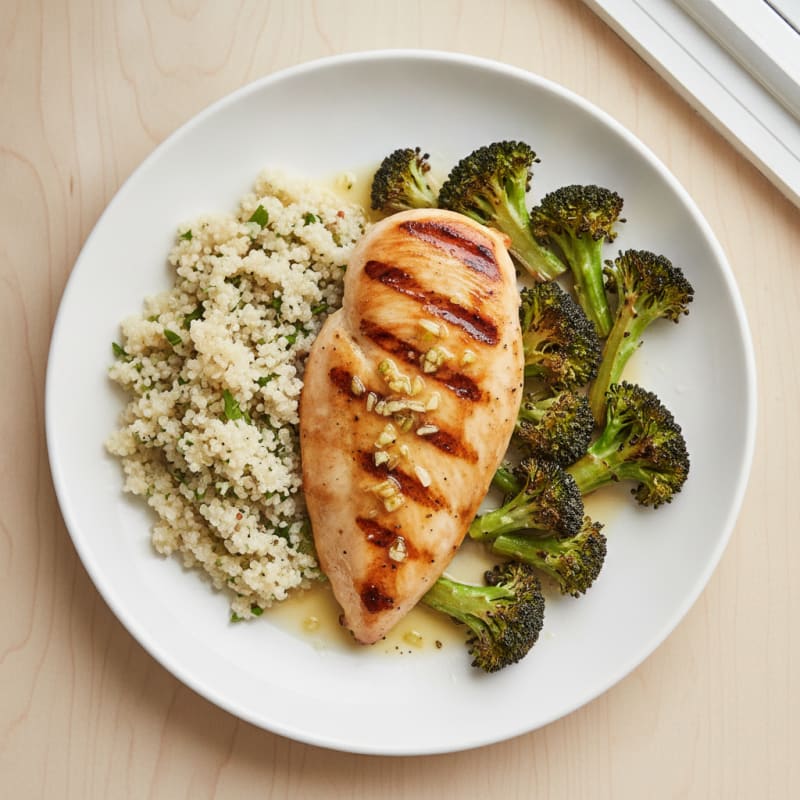 Grilled Lemon Garlic Chicken Breast with Quinoa and Roasted Broccoli