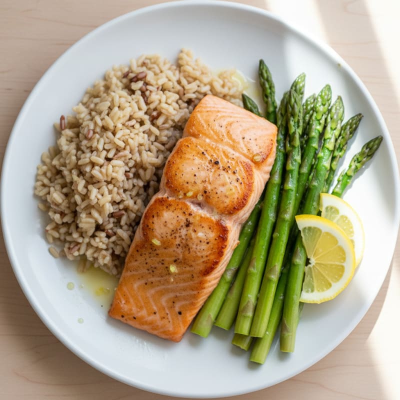Seared Salmon with Steamed Asparagus and Brown Rice