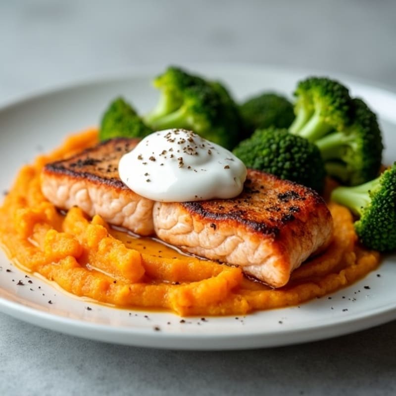 Seared Salmon with Roasted Broccoli and Sweet Potato Mash