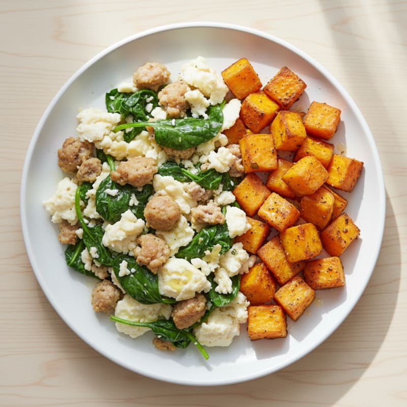 Egg White and Turkey Sausage Scramble with Spinach and Roasted Sweet Potato