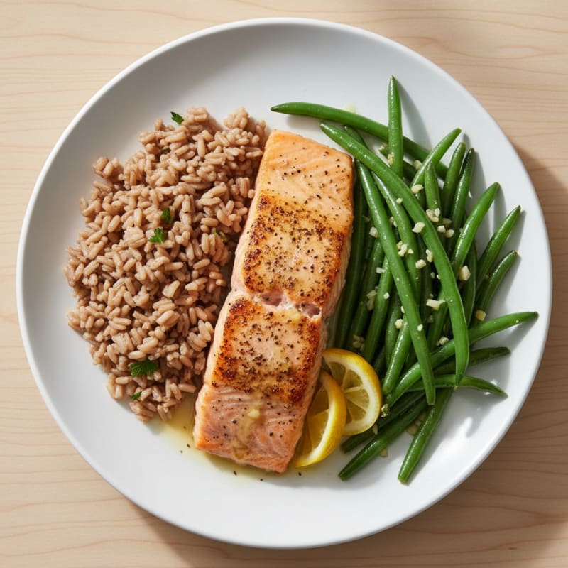 Seared Salmon Fillet with Garlic Green Beans and Brown Rice
