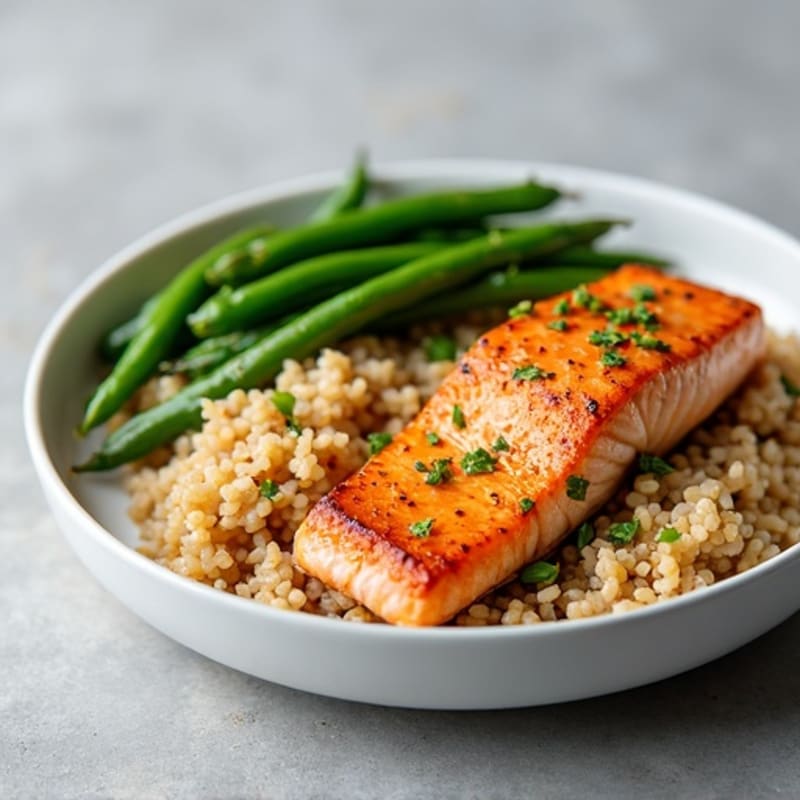 Seared Salmon Fillet with Garlic Green Beans and Brown Rice