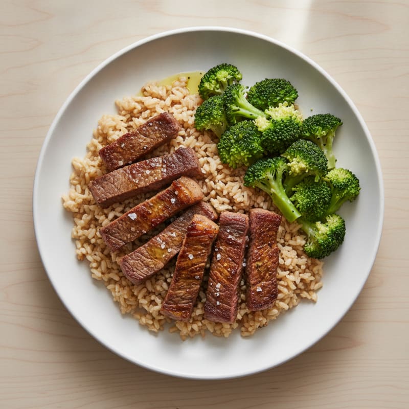 Seared Beef Strips with Brown Rice and Steamed Broccoli