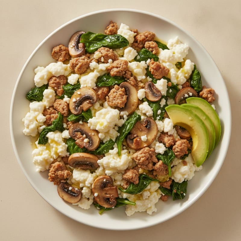 Egg White and Turkey Spinach Scramble with Sautéed Mushrooms