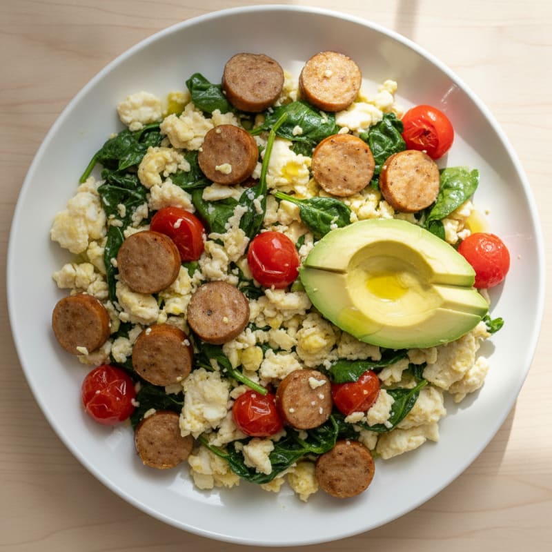 Egg White and Turkey Sausage Scramble with Spinach and Tomatoes