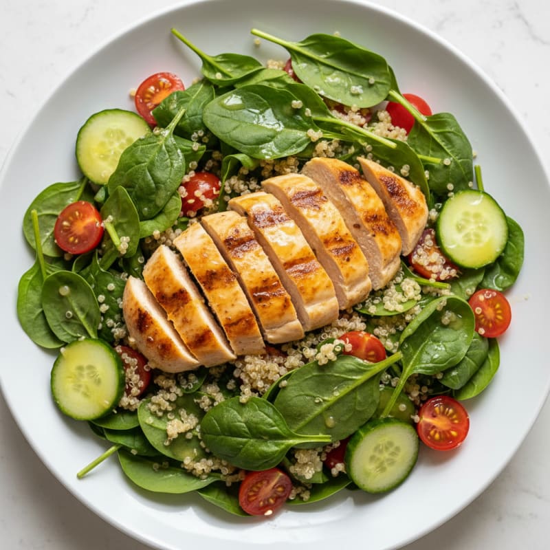 Grilled Chicken and Quinoa Salad with Fresh Spinach and Lemon Vinaigrette