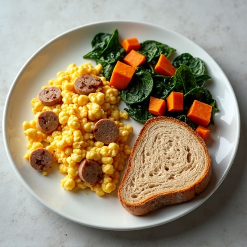 Egg White and Turkey Sausage Scramble with Sautéed Spinach, Sweet Potato & Whole Grain Toast