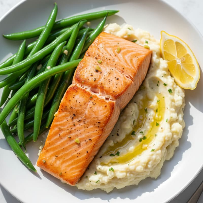 Seared Salmon with Steamed Green Beans and Garlic Mashed Cauliflower