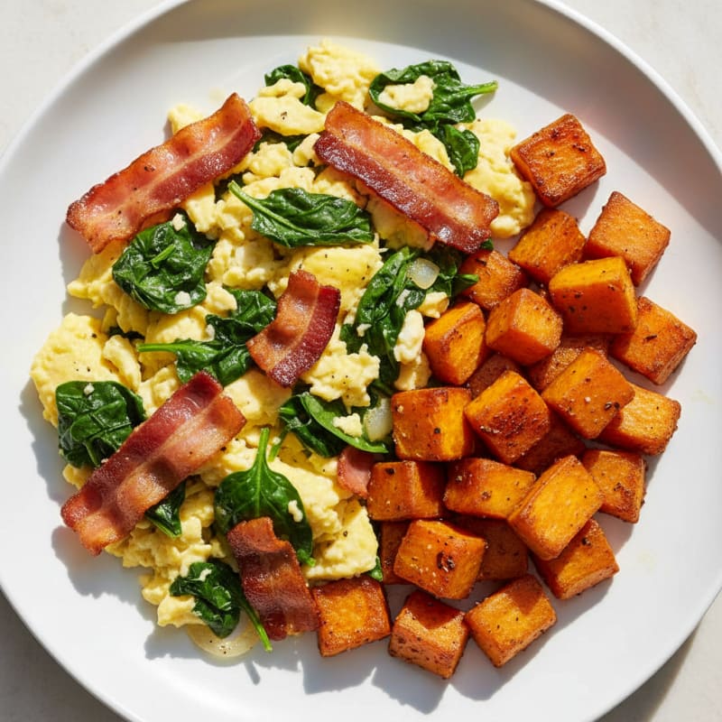 Crispy Turkey Bacon and Spinach Egg Scramble with Roasted Sweet Potatoes
