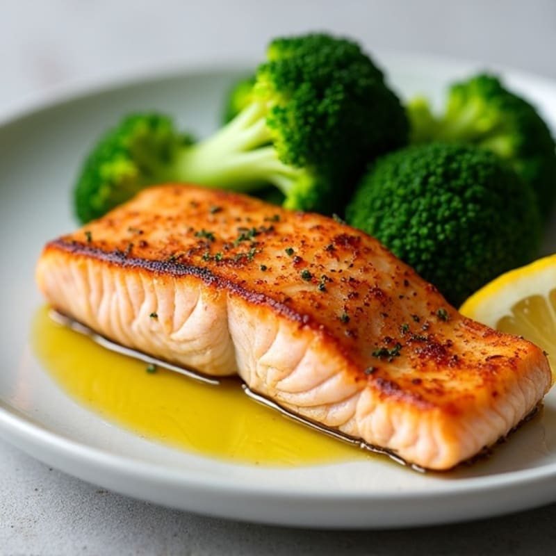 Seared Salmon Filet with Steamed Broccoli and Lemon