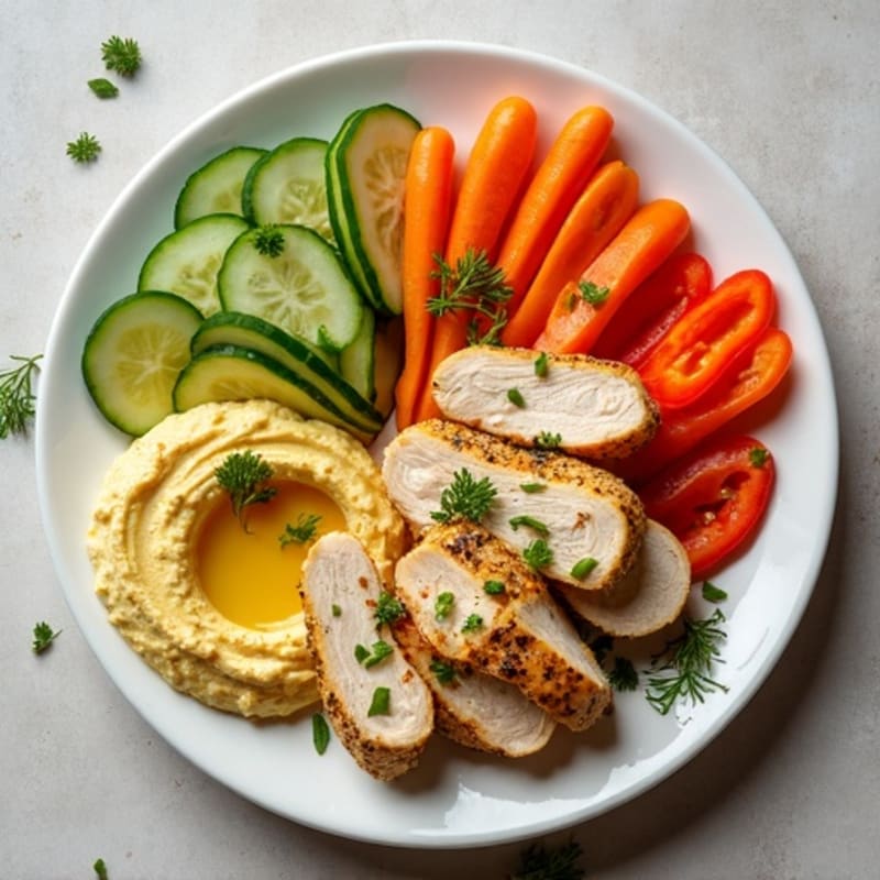 Creamy Lemon-Garlic Hummus Platter with Herb-Roasted Chicken and Crisp Vegetables