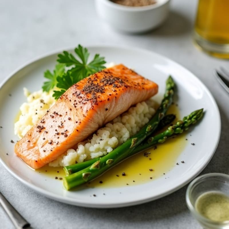 Seared Salmon with Steamed Asparagus and Cauliflower Mash