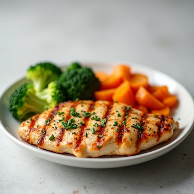 Grilled Chicken Breast with Roasted Sweet Potato and Steamed Broccoli